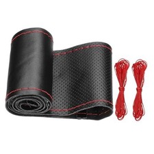 Microfiber Cowhide Steering Wheel Cover, 15 Inch Stitch on Wrap Car Black/Red