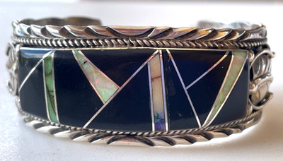Navajo Harry Spencer Inlay Opal Jet Cuff Bracelet Sterling Silver Native READ