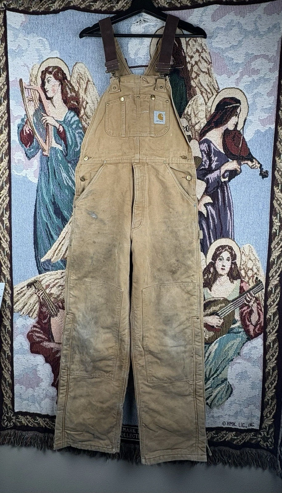 Vintage Carhartt Tan Overalls RED Quilt Lined 36x29 Union Made USA Distressed