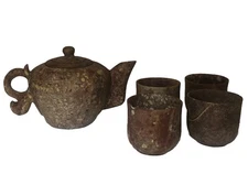 Asian Hand Carved Soapstone Tea Set Teapot Cups Brown Rustic Stone For Display