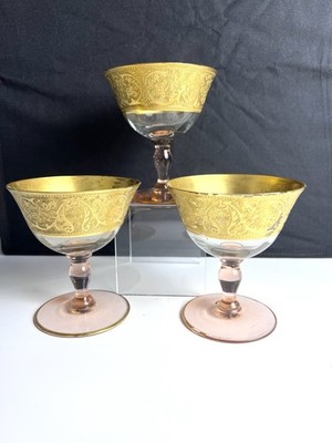Set of 3 Tiffin Franciscan Minton Pink Glass Gold Trim Champagne Sherbet Coupe