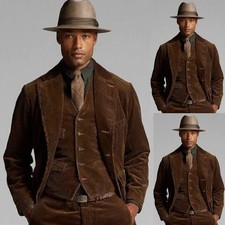 Vintage Brown Corduroy Men's Suits 3 Pieces Formal Party Business Wear