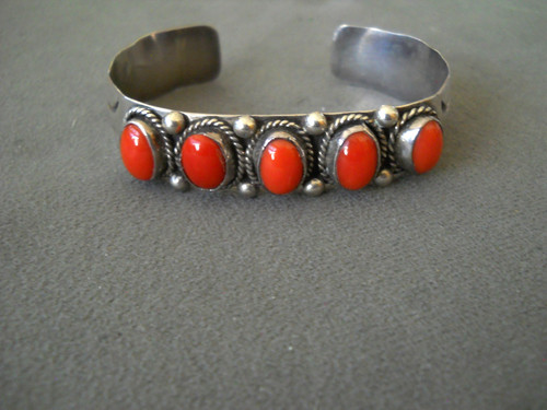 Southwestern Native American Navajo Coral Row Sterl Silver Chased Cuff Bracelet
