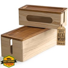 2pk Natural Wood Cable Management Box Large Medium Cord Organizer Desk