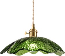 Pendant Light Green Glass Hanging Lights 1-Light Flower Shade Vintage Mid Centur