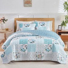 Floral Patchwork Quilt Set Queen Size Blue Soft Lightweight Bedspread 3 Pcs