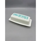 Vtg Pyrex Butterprint Amish Butter Dish Lid Rooster Turquoise Milk Glass  7"