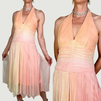Laundry by Shelli Segal silk beaded halter dress prom cocktail pastel peach 6