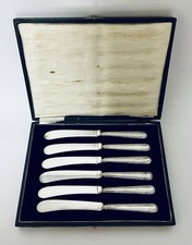Set of 6 Antique Butter Knives with Sterling Silver Handles in Box 1919