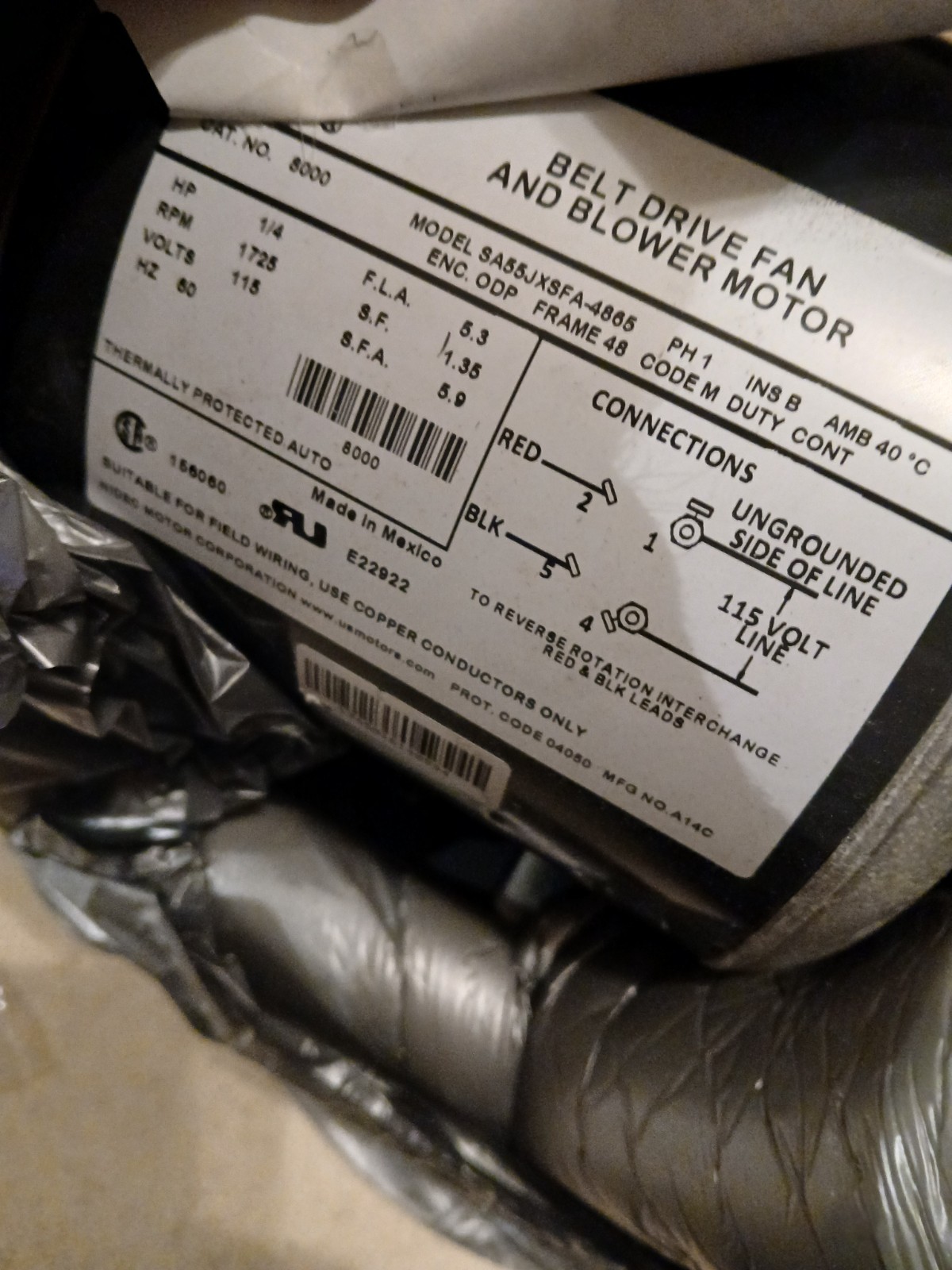 Us Motors SA55JXSFB-4865 Motor 48 1/4hp 1725rpm 115v-ac 1ph