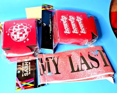 Cowgirl 'My Last Rodeo' Bride Pink Sash and (2) 6-Pack Pink Cowgirl Coozies