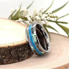 Silver Tungsten Carbide 8mm Band Blue Opal & Abalone Inlay Unisex Fashion Ring