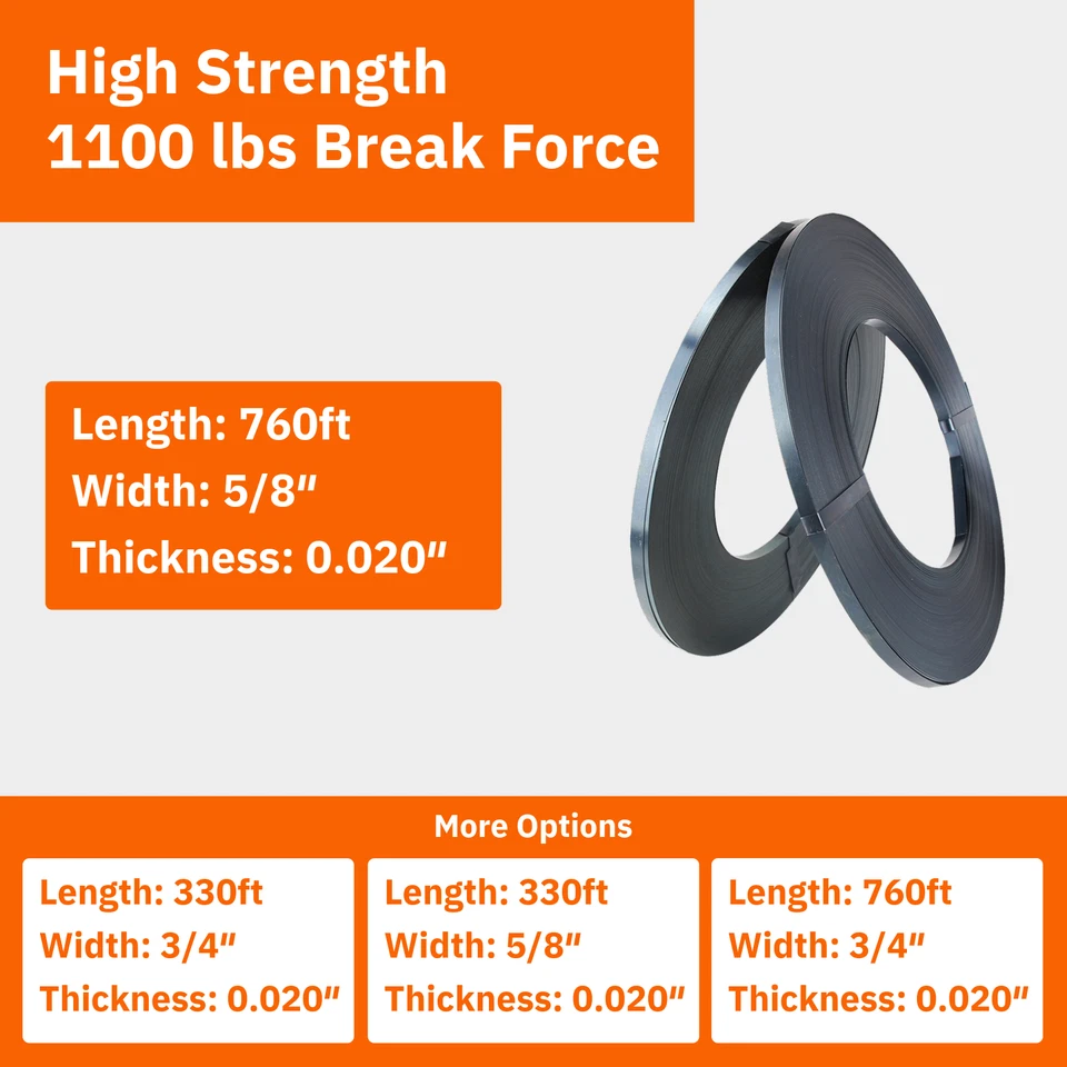 Rockcub Heavy-Duty Steel Strapping 5/8" x 0.02" x 330", 1100 lbs Break Strength - Image 2 of 4