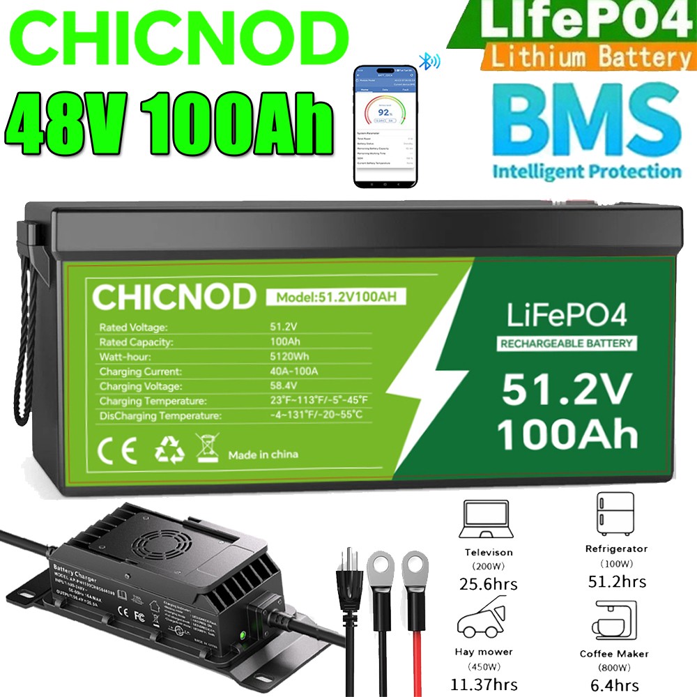 48V 100Ah LiFePO4 Lithium Battery Deep Cycle Built-in BMS with 58.4V 20A Charger