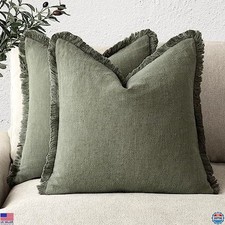 Foindtower Set of 2 Olive Green Linen Fringe Throw Pillow Covers 20x20 Inch Boho