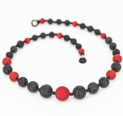 Halskette Kette Rot Schwarz Lava Perlen Lavastein Unika Handmade Damen Schmuck
