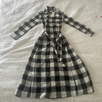 $598 Polo Ralph Lauren Black And White Plaid Wool Shirt dress Sz2 Maxi  belted