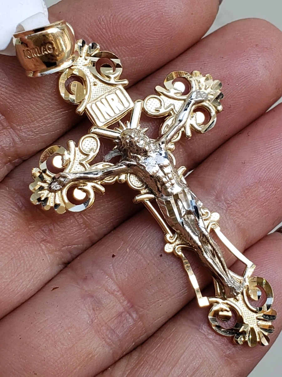 Big INRI Two tone 10k Gold Jesus Crucifix Cross Pendant 2.50 inches diamond cut