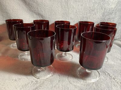 Lot Of 10 VINTAGE ARCOROC FRANCE RUBY RED WINE GOBLETS CLEAR FOOTED STEM