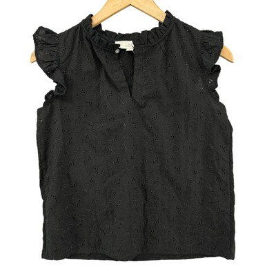 LOFT Eyelet Ruffle Split Neck Shell Top Womens Black Sleeveless Blouse Size XPS