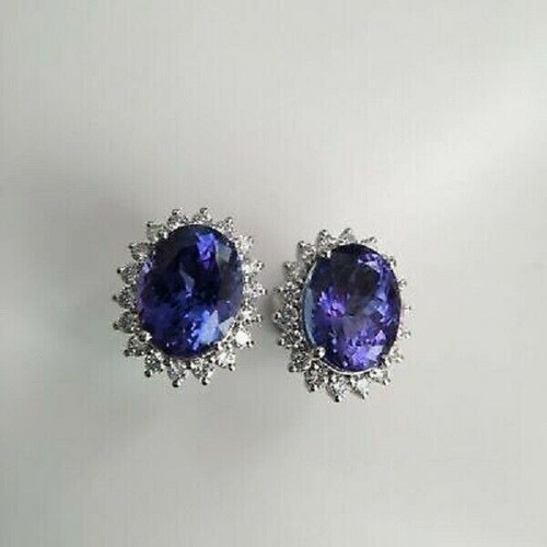 6Ct Oval Cut Tanzanite Push Back Halo Stud Earrings Solid 18K White Gold Finish - Picture 4 of 6