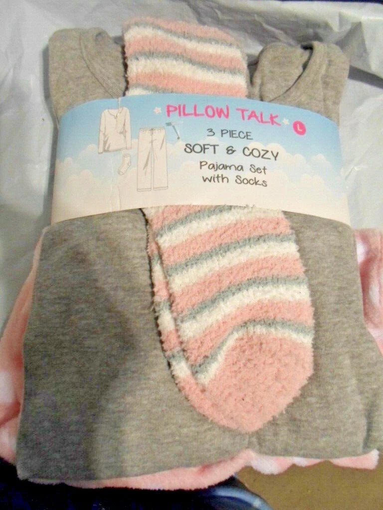 PILLOW TALK PINK GRAY HEARTS FLEECE PAJAMA PJS SOCKS SET L NWT