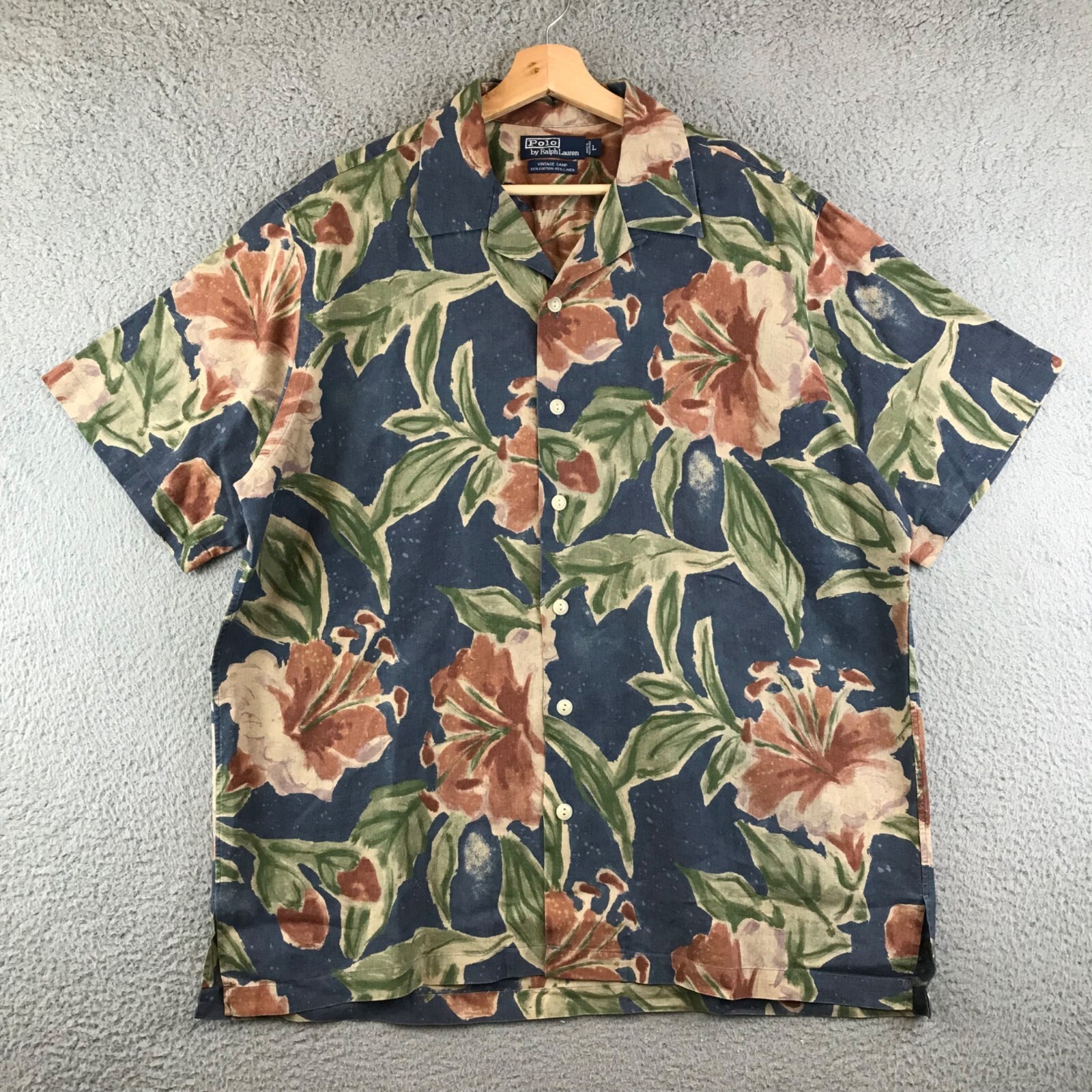 Vintage Polo Ralph Lauren Hawaiian Camp Shirt Size Large Washed Blue Floral