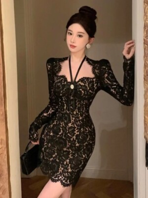 Ezgaga Woman Dress Lace Patchwork Long Sleeve Slash Neck Elegant Slim  French | eBay