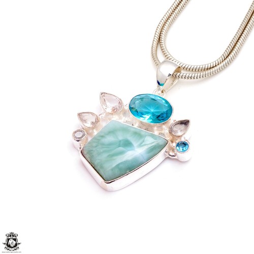 Aqua Blue Larimar Pearl Clear Topaz Blue Topaz & FREE 3MM Italian Chain P9429 - Picture 2 of 10