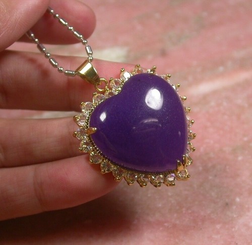 Genuine Purple Lavender Jade Love Heart Imitation Diamond Pendant Necklace - Picture 3 of 6