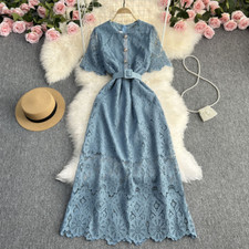 Ladies Lace Dress Belted High Waist Short Sleeve Floral Fit Flare Summer Holiday