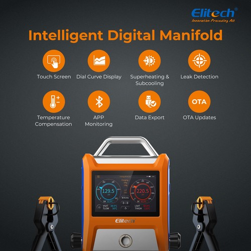 Kit colector de 2/4 válvulas inteligente Elitech EMG pantalla táctil inteligente de 5"" con mangueras - Imagen 2 de 13