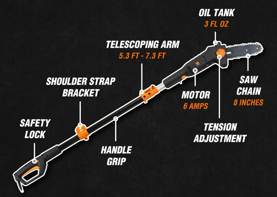 电动伸缩杆锯12英尺可扩展刀具8英寸树修剪器链锯 — 第 2/4 张图片
