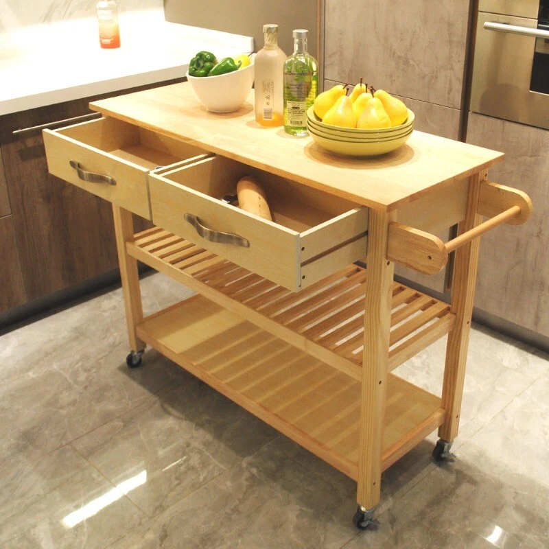 Solid Wood Kitchen Island Kitchen Cart with Two Lockable Wheels Rubber Wood Top - Image 4 of 4