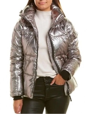S13 Women Kylie Metallic Down Filled Coat XS Silver Gray Hooded Winter Jacket
