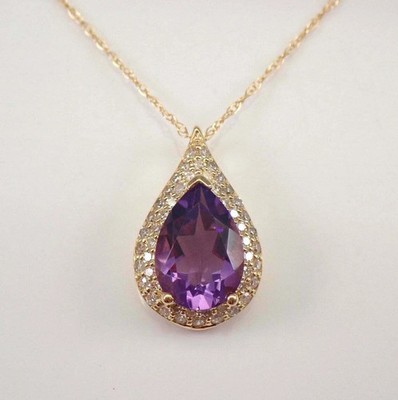 2Ct Pear Cut Amethyst Diamond Halo Pendant 14K Yellow Gold Finish 18'' Free Chai