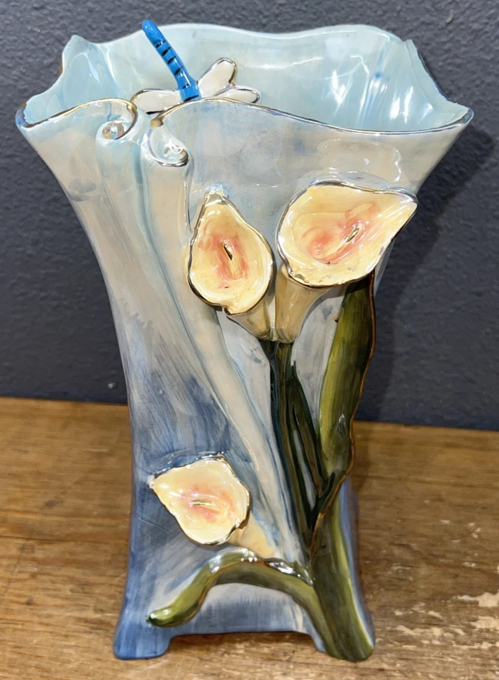 "Florero Blue Sky Clayworks de Heather Goldminc Calla Lily cerámica azul 11,5"" 2008" Foto 4 de 4