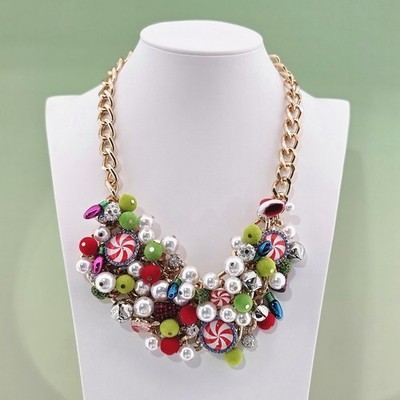 Betsey Johnson Necklace Holiday Candy Bib Peppermint Christmas Faux Pearl Gifts