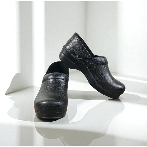 DANSKO Professional Clogs Women 40 9.5-10 Black Floral Tooled Leather Comfy NWOB - Picture 12 of 13