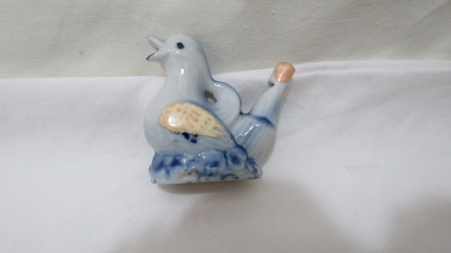 Whistle, Made in Japan, Vintage, Ceramic, Bird, Blue and Cream