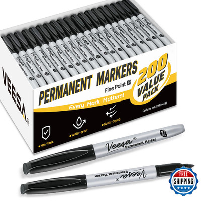 VEESA Permanent Markers Bulk 200 Pack Black Fine Tip Logistics Quick Dry Smudge