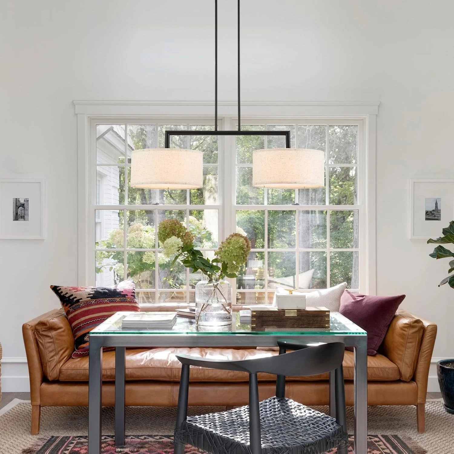 39" Modern Chandelier, 2-Light Off-White Fabric Pendant, Matte Black, UL Listed✨ thumbnail 2