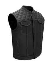 Premium Men's Black Leather biker Vest Thread Diamond Cuts Shoulder Waistcoat