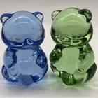 TWO Fenton Art Glass Sitting Teddy Bears Blue & Green Figurines Paperweight 3.5"