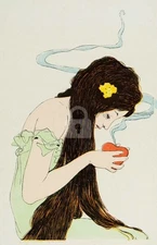 Raphael Kirchner, Woman w smoking heart (Love Thoughts) Vintage Repro Postcard