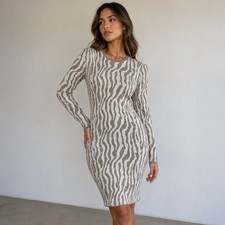 Express Zebra Print Sweater Dress Women’s Small Beige Cream Bodycon Midi Knit