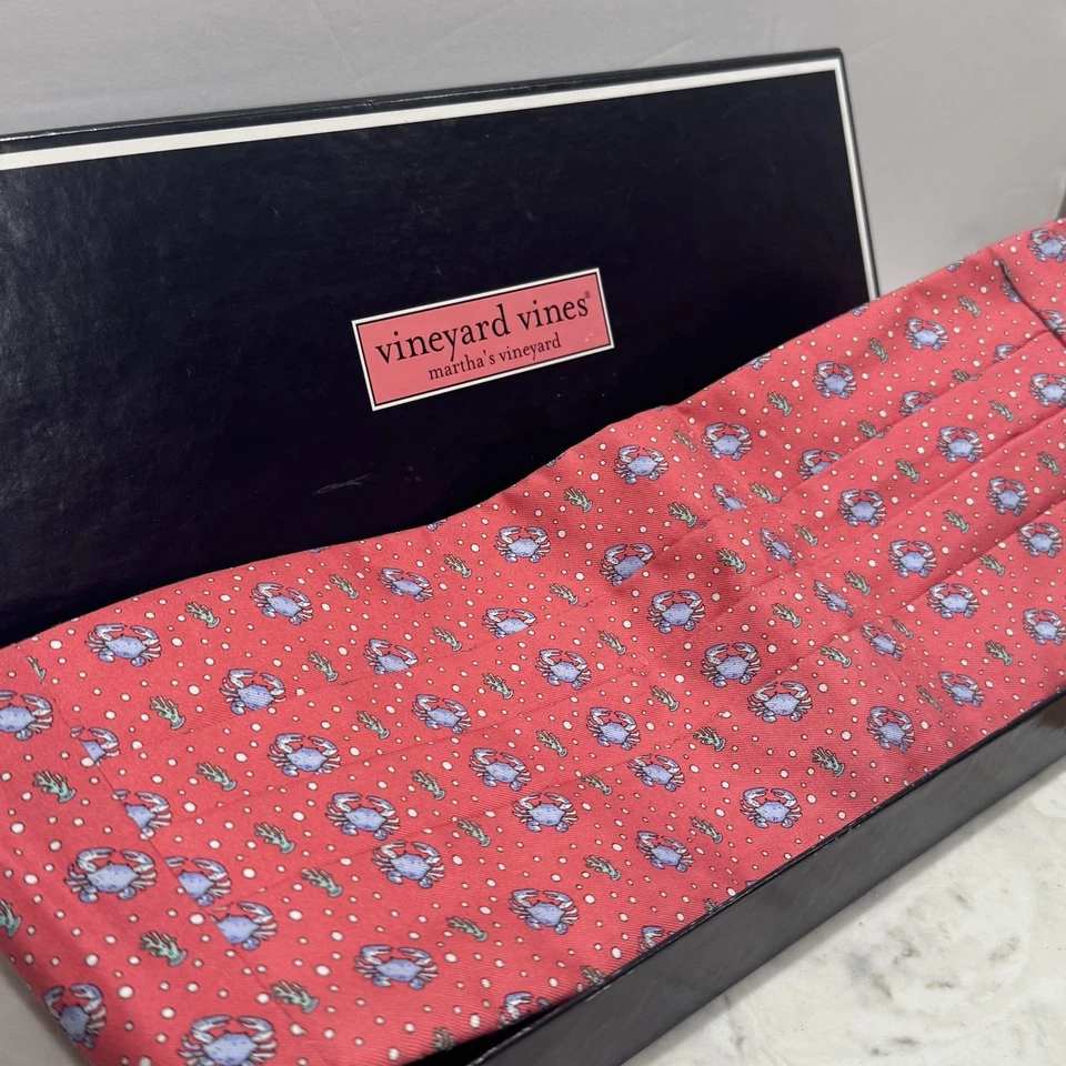 Vineyard Vines Cummerbund & Bow Pajarita Set Rosa Azul Cangrejos 100% Seda Esmoquin Formal Foto 3 de 4