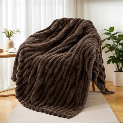 Fleece Throw Blanket for Couch, Super Soft Striped Jacquard Bed Blanket, Ligh...