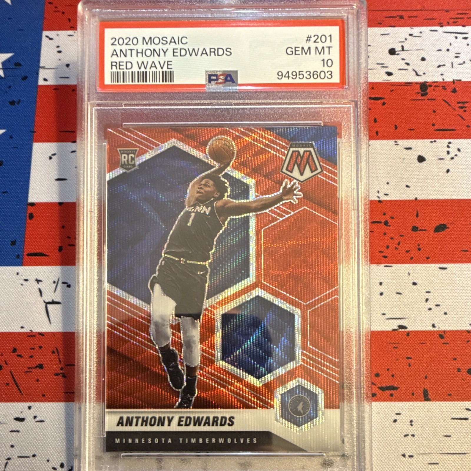 Panini 2020-21 Mosaic Anthony Edwards #201 Red Wave Mosaic Prizm RC PSA 10