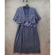 R M Richards Lace Jacket Dress Women 18W Blue Sequin Rosette 2pc Formal Bolero